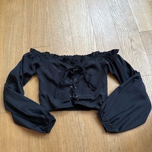Superdown Black Off-Shoulder Lace-Up Crop Top